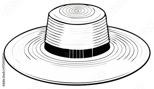 Stylized boater hat drawing with black ribbon illustration fashion headwear flat top brim vintage summer beach formal hats