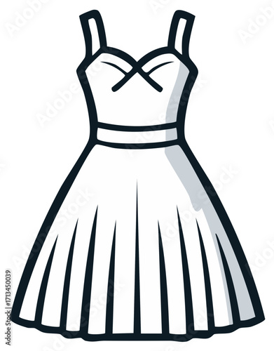 Elegant sleeveless women's dress with a sweetheart neckline, cinched waist, and pleated skirt, vector illustration.