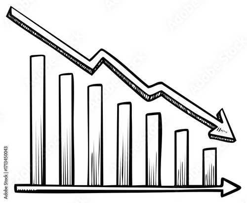 Hand Drawn Graph Chart Showing Recession Trend Downward Arrow Declining Columns
