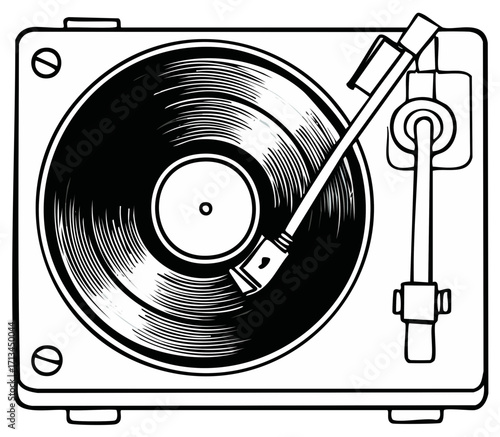Vintage Vinyl Player Illustration, Record Deck, Stylized Music, Black and White Design, Retro Sound System, Audio Equipment, Musical Entertainment