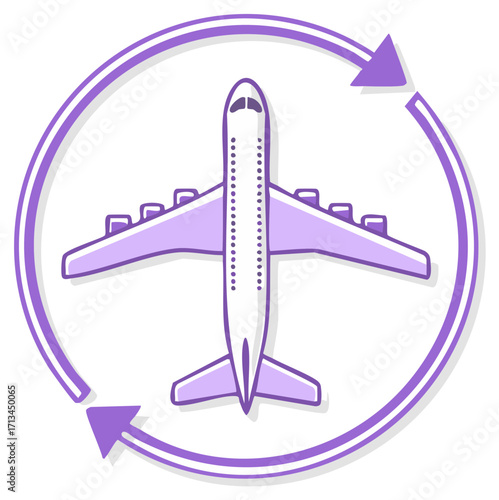 Airplane travel icon with circular arrow indicating movement and rotation