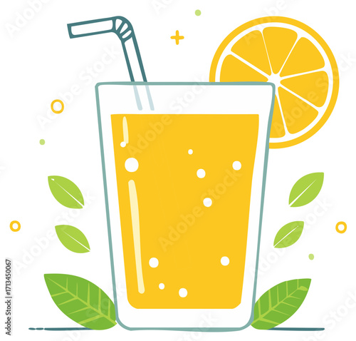 Glass of fresh orange juice with a straw and citrus slice garnish flat vector illustration