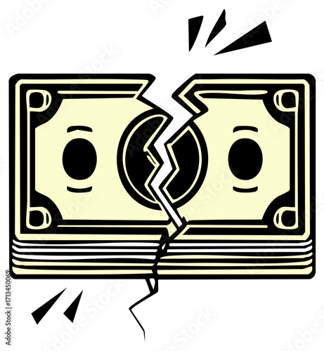 Cartoon Money Stack Torn in Half Concept Illustration for Economic Issues