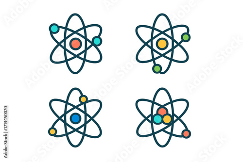 Set of colorful atom icons. Science symbol collection. Physics, chemistry, nuclear energy concepts. Vector illustration for web design, apps, and education. Molecule pictogram.