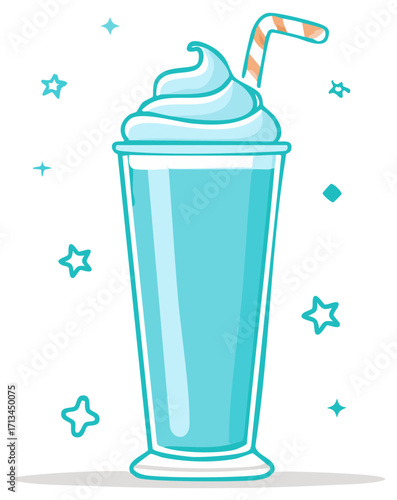 Blue ice cream drink in a tall glass with whipped cream and straw