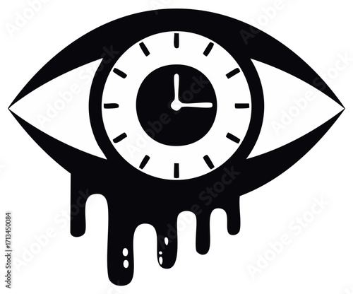 Black and White Vector Illustration of a Crying Eye Clock, Time Concept, Deadline Pressure, Overwork, Stress