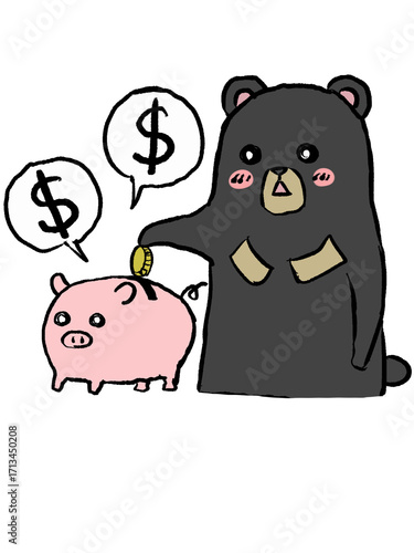 貯金箱にお金を入れて貯金するゆるマレーグマ