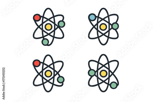 Atom icon set science symbol. Physics, chemistry, nuclear energy concept. Molecule, particle pictogram collection. Minimal linear vector illustration for web, apps, design.