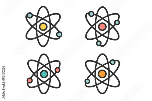 Atom icon set. Molecule symbol collection. Science logo concept. Physics chemistry graphic. Nuclear energy sign. Atomic structure. Vector for web, app, technology design.