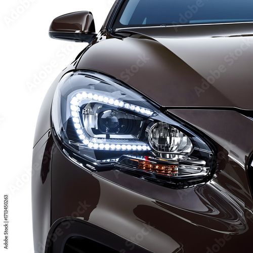 Close-up of the sleek, modern headlight of a brown automotive vehicle showcasing its intricate LED daytime running lights against a clean white background, highlighting automotive design innovation