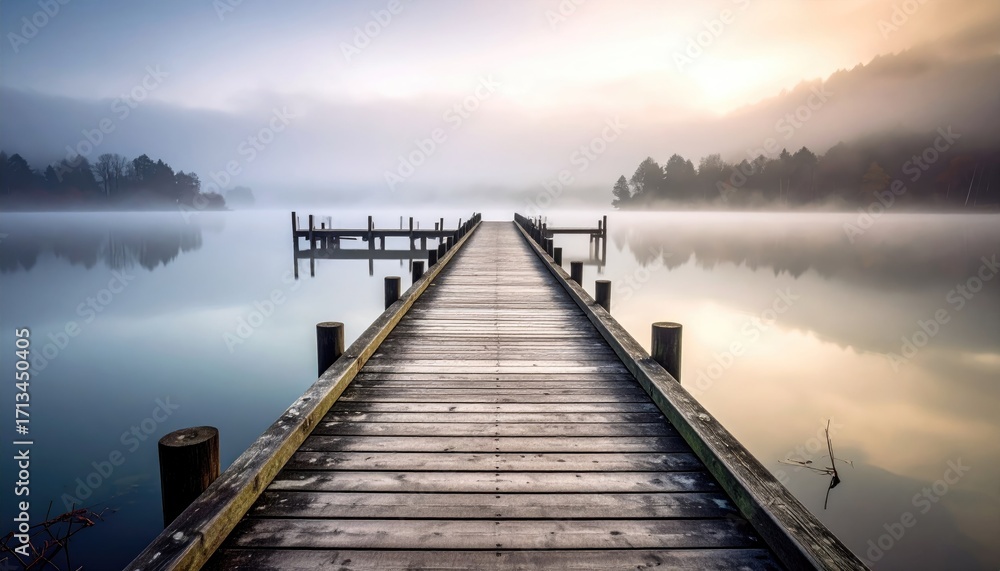 Fototapeta premium Serene sunrise over still lake; wooden pier extends to misty shoreline