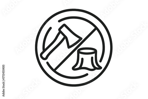 No felling trees sign. Deforestation prohibited icon. Stop cutting trees, environmental protection concept. Save the forest symbol. Axe and stump outline vector illustration.
