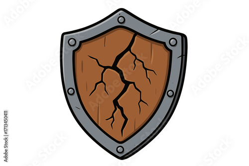 Cracked wooden shield vector icon. Damaged medieval knight armor concept. Broken battle defense symbol. Fantasy game asset illustration. Weak protection, vulnerability metaphor.