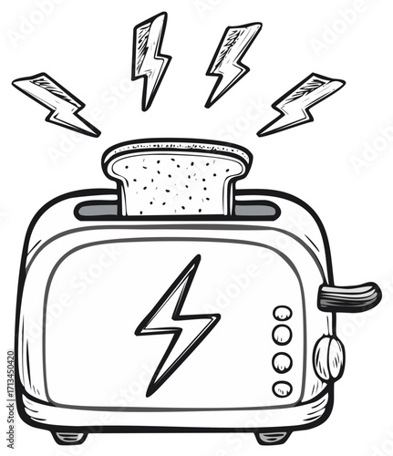 Doodle style electric toaster with bread and energy lightning bolts