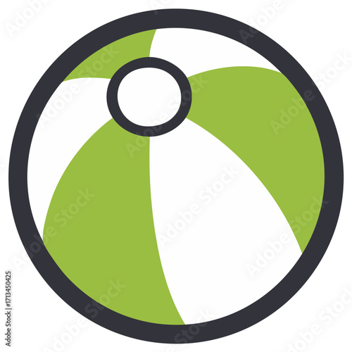 Green and white striped beach ball, cartoon illustration for summer fun and playtime activity