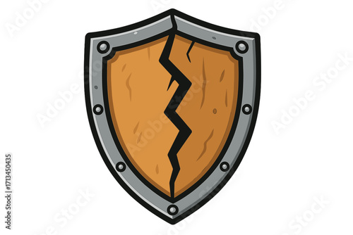 Broken wooden shield vector icon. Cracked defense symbol for security breach, vulnerability, and system failure concepts. Cartoon illustration for games, web, and apps.