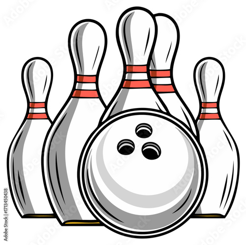 Bowling ball and pins illustration graphic for striking down skittles in a game