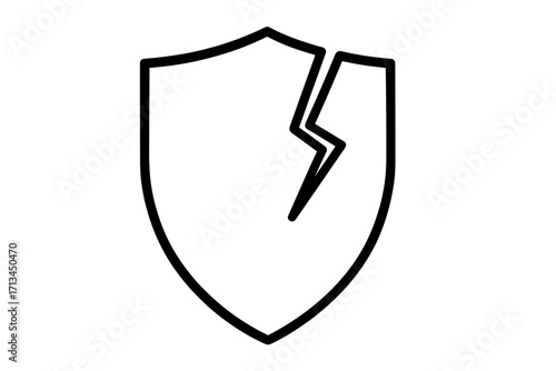 Cracked shield icon. Metaphor for vulnerability, weak security, and data breach. Broken protection symbol for risk, failure, and attack concepts. Damaged defense line art vector.