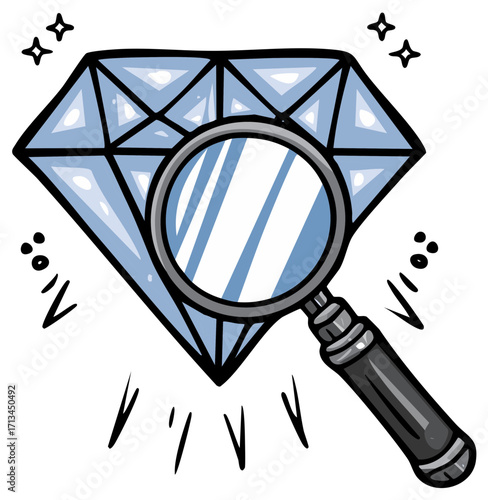Magnifying glass examining a sparkling blue diamond with detailed facets and radiating light