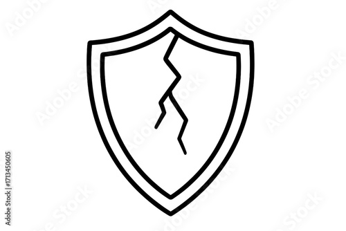 Broken shield vector icon. Symbol of vulnerability, risk, and failed security. Damaged protection line art. Metaphor for data breach, cyber attack, or system failure.
