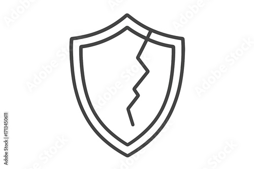 Cracked shield thin line icon. Broken security concept. Metaphor for vulnerability, data breach, risk, and system error. Unsafe, no protection symbol. Vector outline.