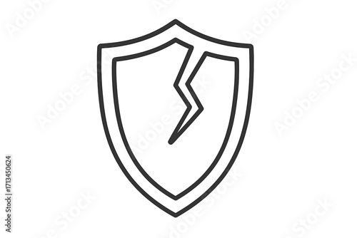 Cracked shield icon representing vulnerability, risk, and broken security. Unprotected concept. Symbol of data breach, cyber attack, and failed defense. Thin line vector.