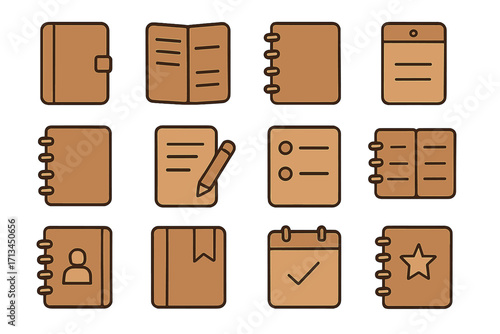Notebook planner icon set. Journal, diary, organizer symbols. Office stationery collection. Calendar, checklist, address book. Writing and note taking vector illustrations.