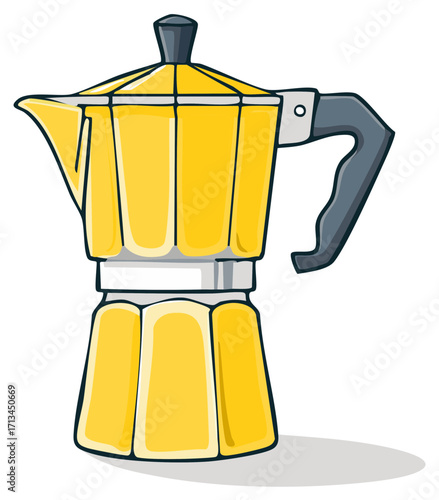 Yellow stovetop espresso maker cartoon illustration of Italian coffee pot with handle