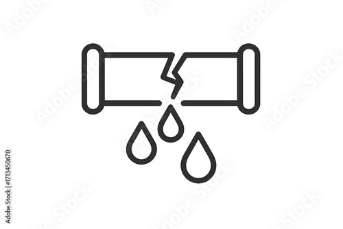 Broken pipe water leak line icon. Concept for plumbing problem, burst pipeline, and water damage. Emergency repair service symbol for pipeline leakage and dripping.