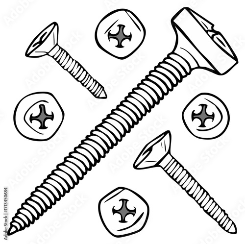 Illustration of screws and screw heads, monochrome vector design