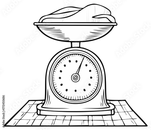 Vintage kitchen scale with ingredients in bowl accurate weight measurement tool line art illustration