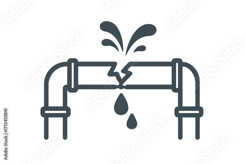 Broken pipe with water leak, burst pipeline icon. Plumbing problem, emergency water damage concept. Vector illustration for pipeline repair service, house maintenance.