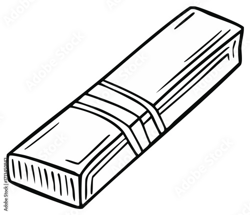 Black and white cartoon illustration of a rectangular package banded with straps