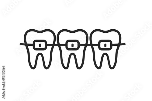 Orthodontic braces on teeth row vector line icon. Dental care concept. Dentistry, tooth alignment and smile correction symbol. Oral hygiene and health care illustration.