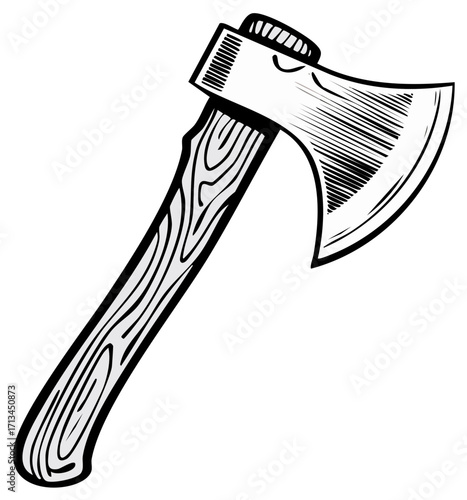 Line art illustration of an axe with a wooden handle, monochrome style.