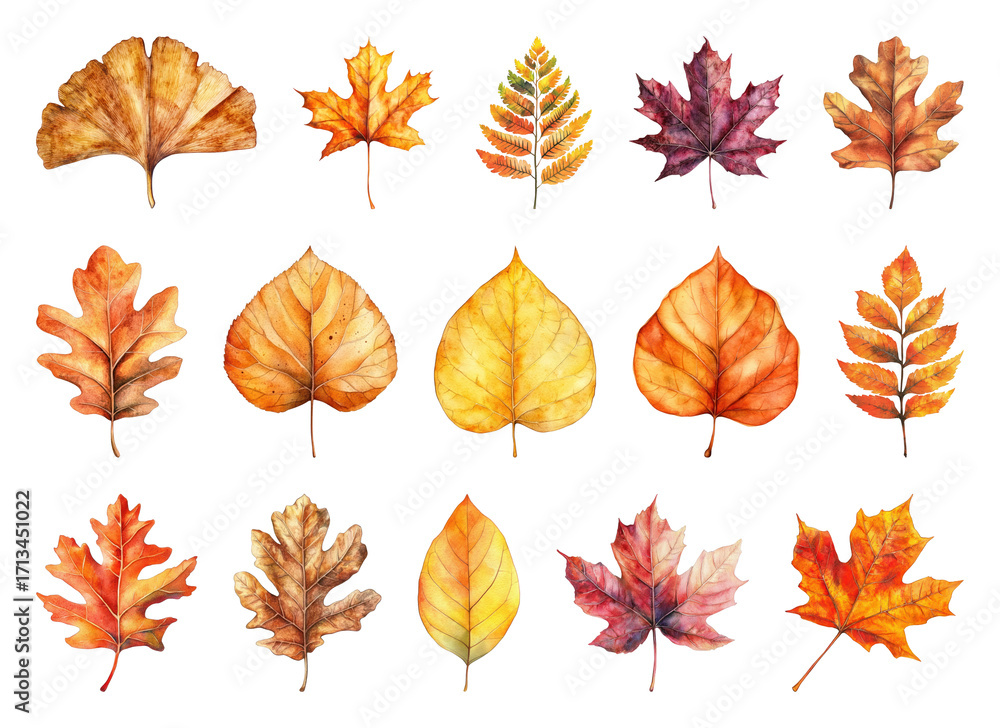 Obraz premium PNG Vibrant watercolor autumn leaves, element set on transparent background