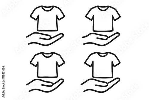 Clothing donation and charity icon set. Hand holding a T-shirt. Concept of helping, giving clothes, second hand, humanitarian aid. Laundry service symbol. Vector illustration.