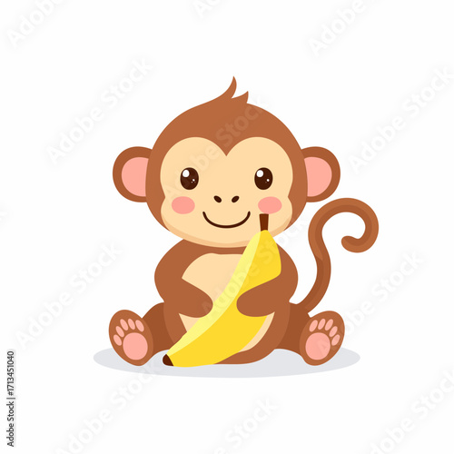 An adorable cartoon baby monkey sitting and holding a large yellow banana. This charming vector illustration uses a flat design style, isolated on a white background