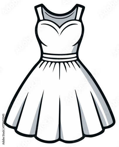 Black and white vector illustration of a retro cocktail dress with a sweetheart neckline