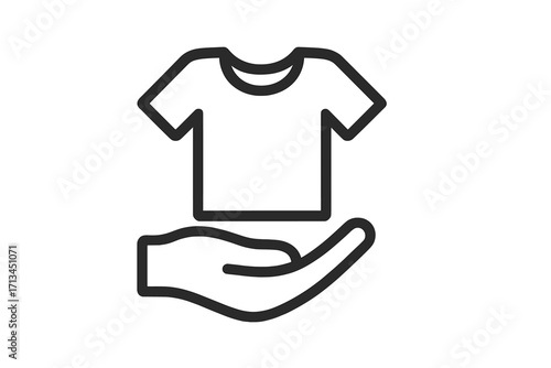 Clothing donation icon with hand holding a t-shirt. Charity, giving, and support concept. Second-hand apparel for humanitarian aid and help. Vector line art for web and apps.