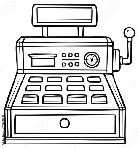 Vintage Cash Register Outline Illustration - Point of Sale Equipment Drawing