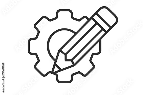 Customization settings icon with gear and pencil. Concept of development, engineering, and configuration. Vector outline for prototyping, app design, editing, and setup.