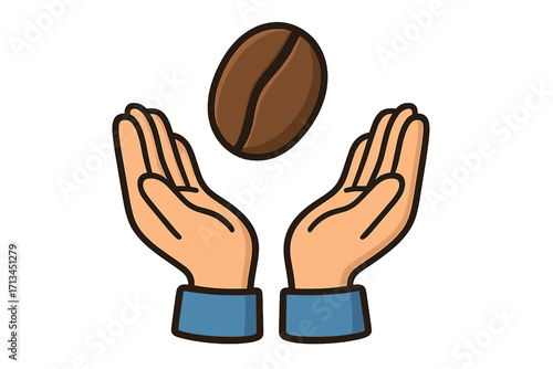 Hands holding a coffee bean. Concept of offering quality coffee, fair trade, careful harvesting, and agriculture. Vector logo for cafe, barista, roastery, or app graphic.