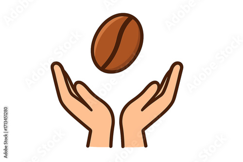 Hands holding coffee bean vector logo. Concept for coffee shop, cafe, fair trade, quality production. Cartoon illustration metaphor for care, offering, and support.