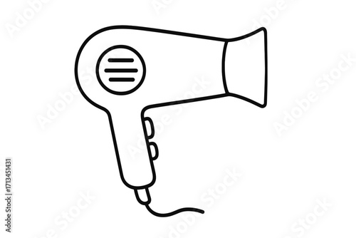 Hair dryer outline linear icon. Hairdryer symbol for graphic design. Vector illustration for hairdressing, beauty salon, barbershop. Hair care appliance, hot air tool.