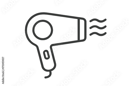 Hair dryer outline icon for beauty and hairdressing. Simple vector line art of a blow dryer. Symbol for hair care, salon, styling, and grooming. Minimalist pictogram.