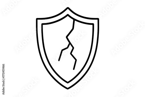 Cracked shield icon metaphor for failed security. Broken protection concept of vulnerability, risk, data breach. Unsafe defense symbol. Damaged, danger, unsafe. Line art.