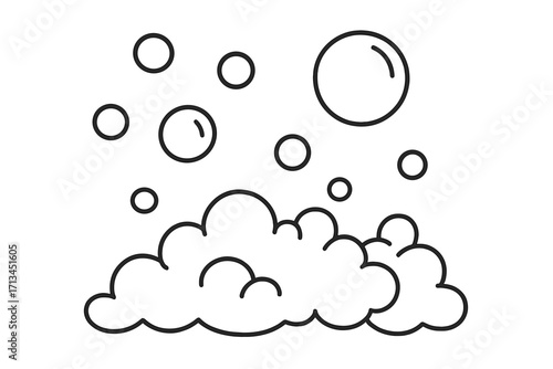 Soap bubbles and foam vector line art illustration. Simple icon of suds and lather for cleaning concept. Set of cartoon fizzy pop elements for washing, hygiene, or bath.
