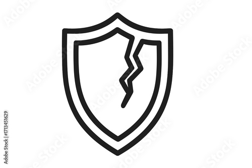 Broken shield icon. Metaphor for vulnerability, risk, and failed protection. Concept of data breach, cyber attack, or insecurity. Damaged defense symbol for security failure.