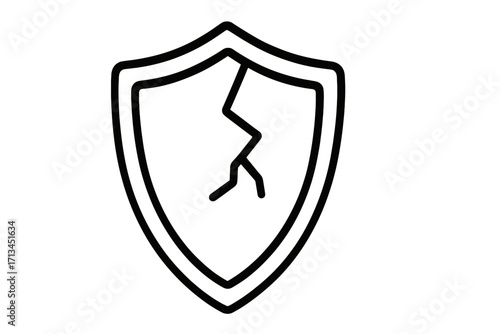 Cracked shield line icon. Concept of vulnerability, risk, and failure. Metaphor for no protection, weak defense, and insecurity. Broken safety symbol. Security breach.